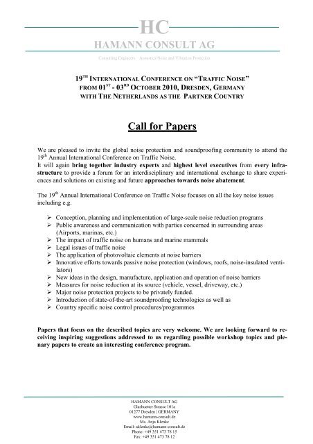 HAMANN CONSULT AG Call for Papers