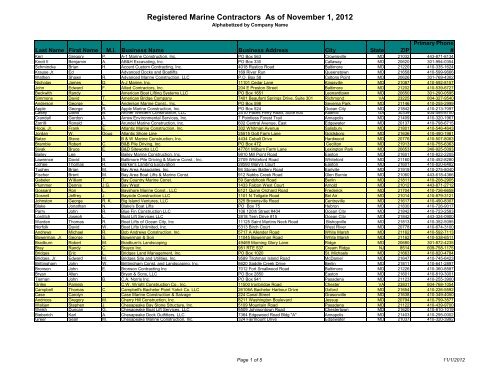 Registered Marine Contractors As of November 1, 2012