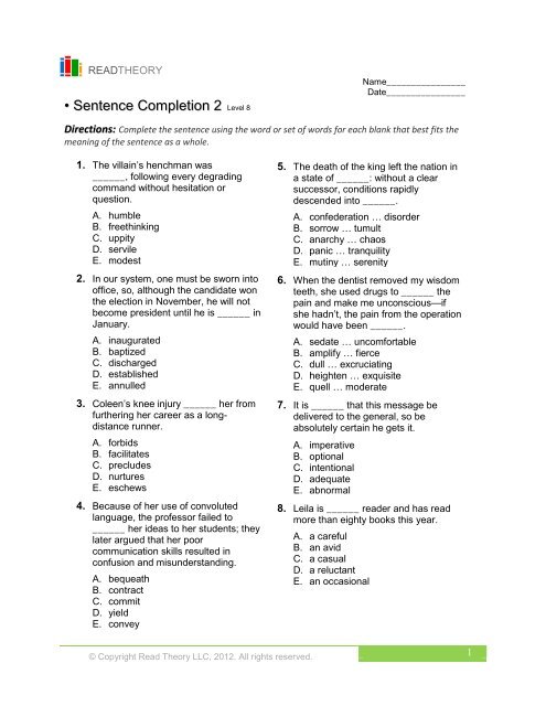 Sentence Completion 2 English For Everyone