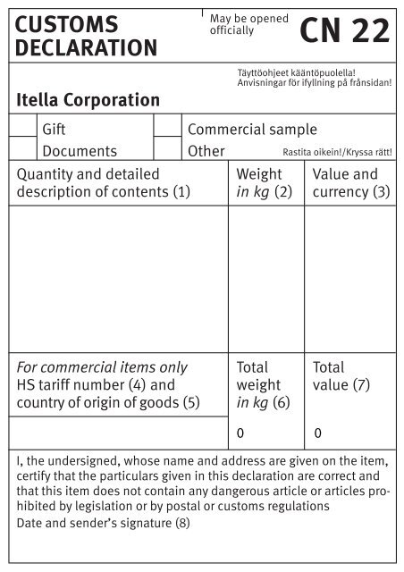 Täytä ja tulosta pieni tulliluettelo (CN 22) - Posti