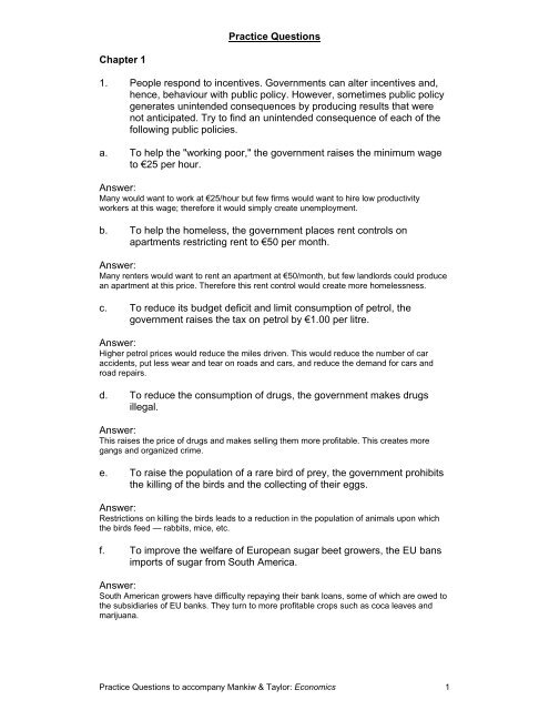 Practice Questions Chapter 1 1. People respond to incentives ...