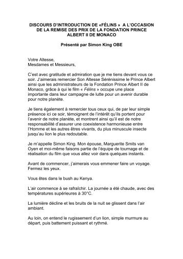 Télécharger le discours de Simon King OBE - Fondation Prince ...