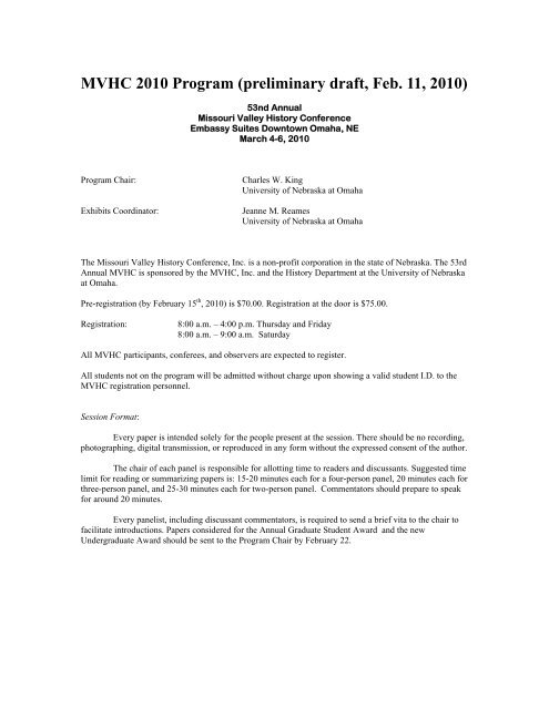 MVHC 2010 Program (preliminary draft, Feb. 11, 2010)