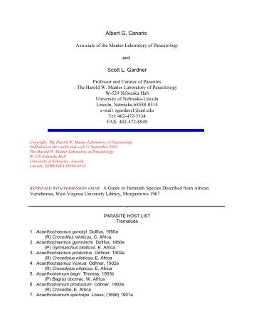 parasite host list - The Harold W. Manter Laboratory of Parasitology