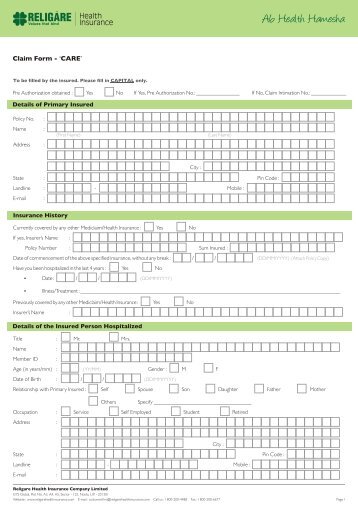 Reimbursement claim form - Religare Health Insurance