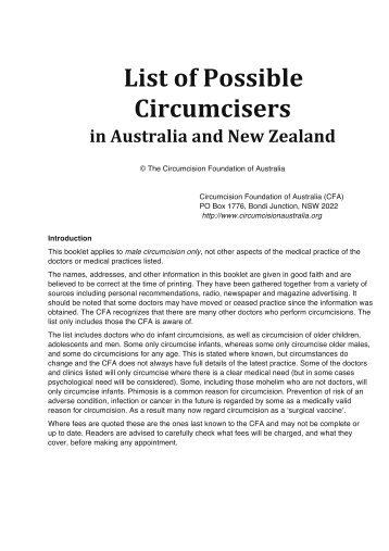 List of Possible Circumcisers - Circumcision Foundation of Australia