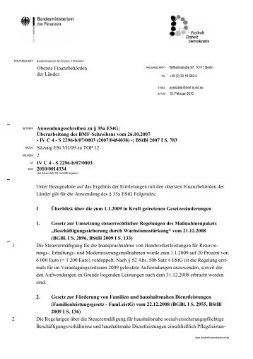 Anwendungsschreiben des BMF vom 15.02.2010