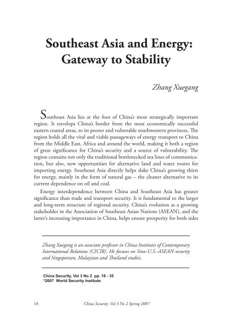 Southeast Asia and Energy: Gateway to Stability Zhang Xuegang