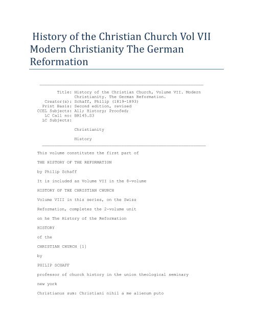 History of the Christian Church Vol VII Modern Christianity The ...