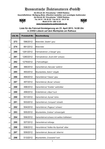 Versteigerungsliste Fahrräder 23.04.13 - Hanseatische Auktionatoren