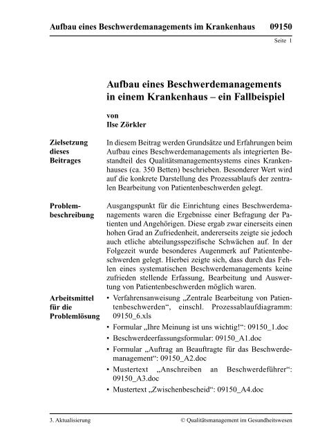 Aufbau Eines Beschwerdemanagements Im Krankenhaus
