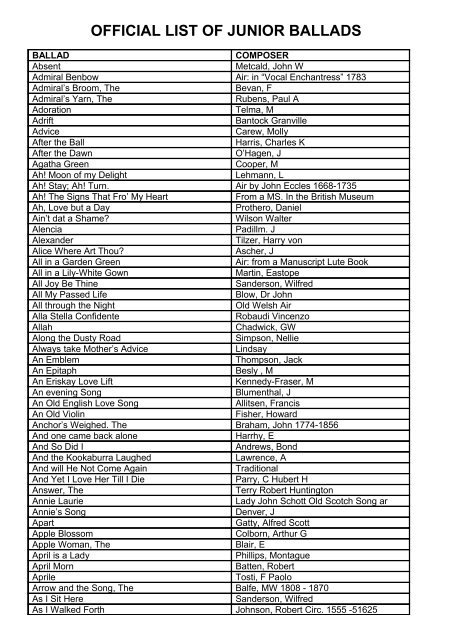 OFFICIAL LIST OF JUNIOR BALLADS - Royal South Street Society