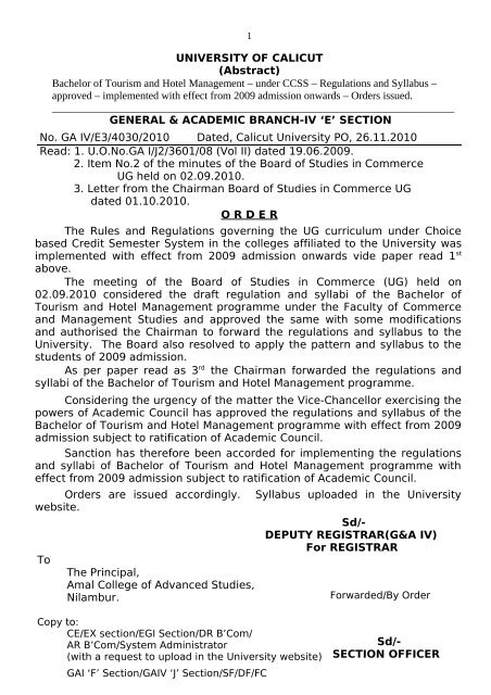 Bachelor Of Tourism And Hotel Management Under Ccss Bachelor Of Tourism And Hotel Management Under Ccss