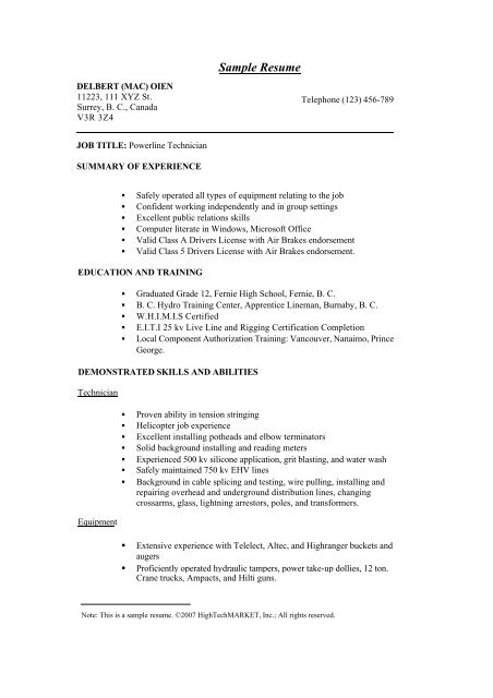 Sample Resume - Application for Powerline Technician