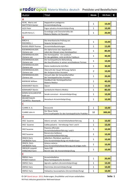 RadarOpus Bücherliste - RADAR Opus Homöopathiesoftware