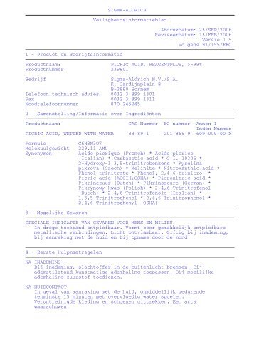 MSDS van picrinezuur - gevaarlijke stoffen