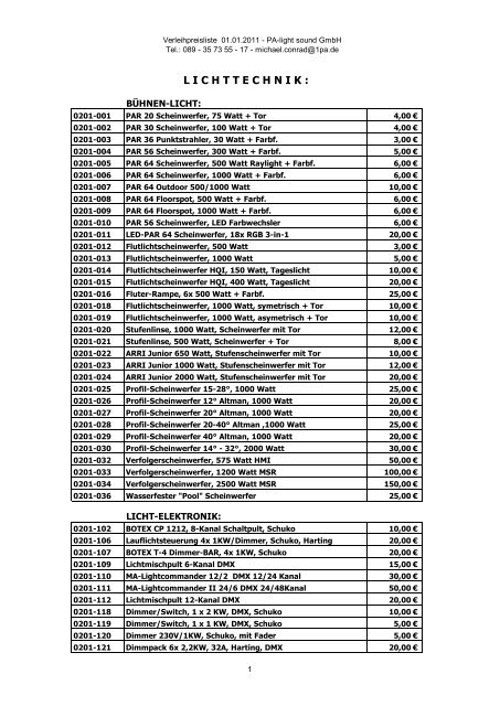 können Sie sich unsere aktuelle Preisliste als - Pa-light & sound ...