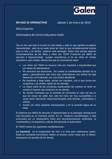 MI HIJO ES HIPERACTIVO sábado 1 de Enero de 2010 Alicia ...