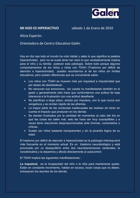 MI HIJO ES HIPERACTIVO sábado 1 de Enero de 2010 Alicia ...