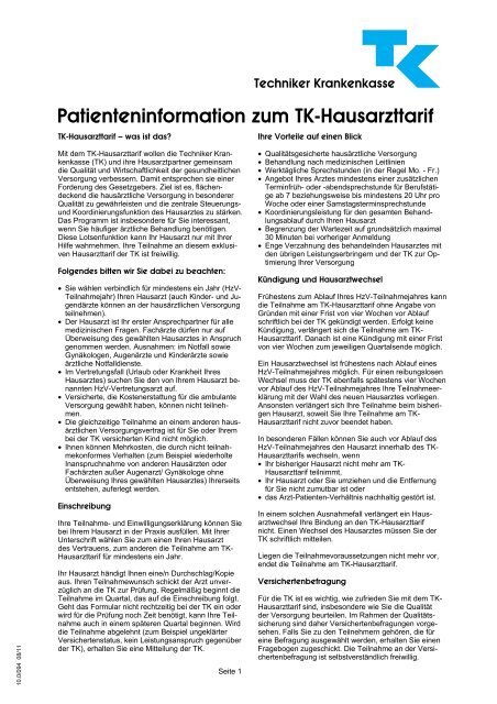 Patienteninformation zum TK-Hausarzttarif - Hausärzteverband ...