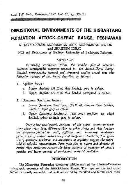 Depositional Environments Of The Hissartang Formation Attock-Cherat