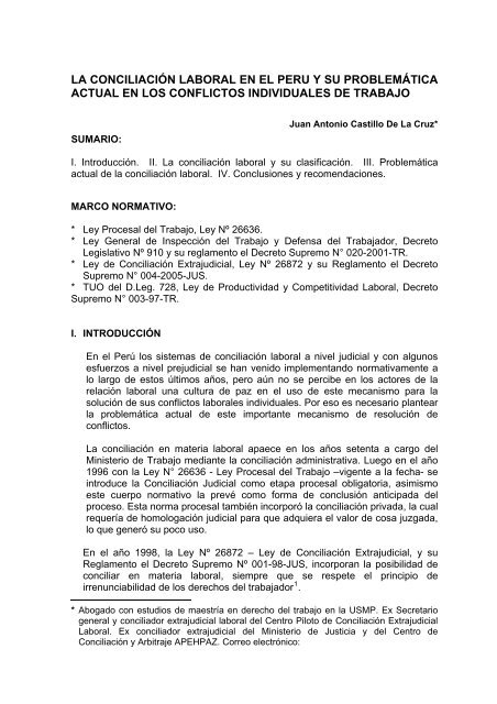 La Conciliacion Laboral En El Peru Y Su Problematica Actual En Los
