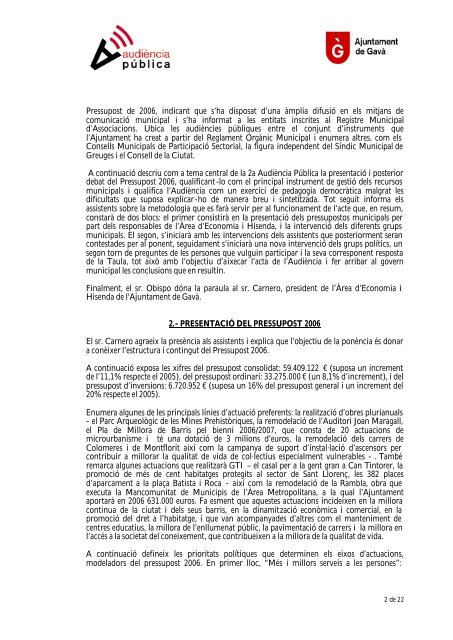 AUDIÈNCIA PÚBLICA DEL PRESSUPOST 2006 - Ajuntament de ...