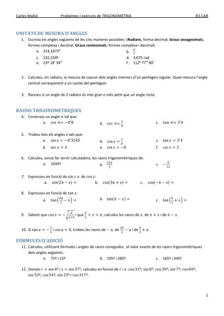 exercicis de TRIGONOMETRIA - IES CAR de Sant Cugat