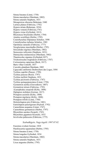 adatok a körös-maros közének ormányosbogár faunájához - Nimfea ...