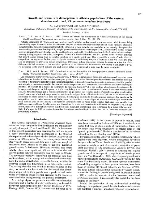 Growth and sexual size dimorphism in Alberta populations of the ...
