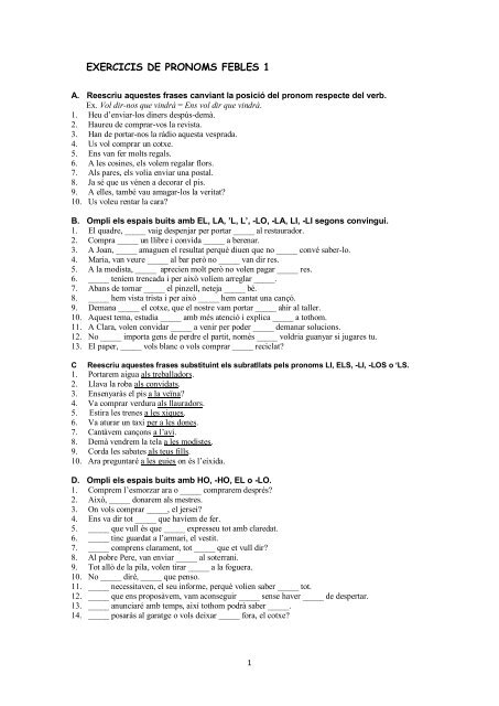 EXERCICIS DE PRONOMS FEBLES 1