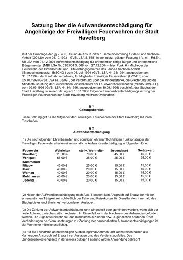 Satzung über die Aufwandsentschädigung für ... - Havelberg