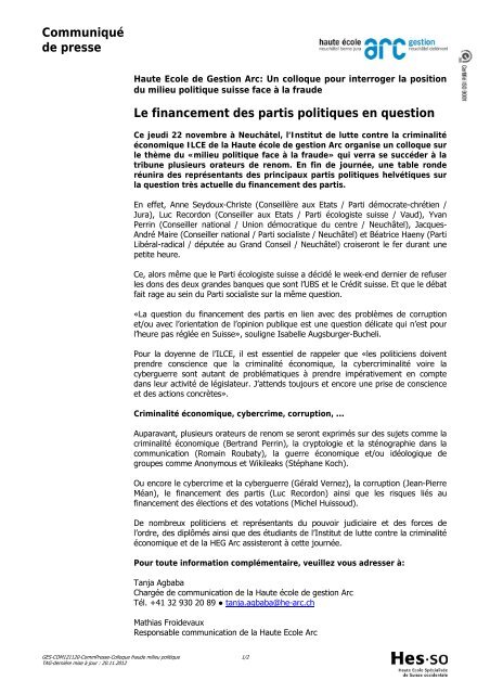 Le financement des partis politiques en question - HE-Arc