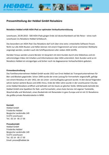 Pressemitteilung der Hebbel GmbH Reisebüro - Reisebüro Hebbel