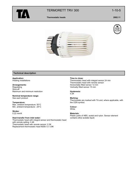 TERMORETT TRV 300 1-10-5 - TA Hydronics