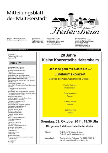 20 Jahre Kleine Konzertreihe Heitersheim Sonntag, 09. Oktober ...