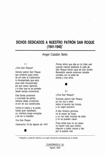 DICHOS DEDICADOS A NUESTRO PATRON SAN ROQUE