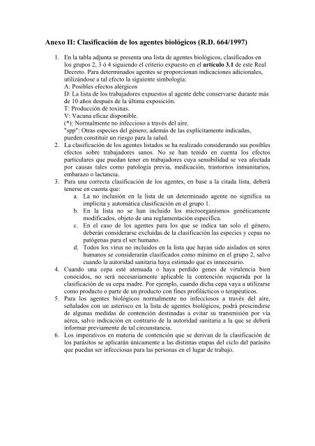 Anexo II: Clasificación de los agentes biológicos (R.D. 664/1997)