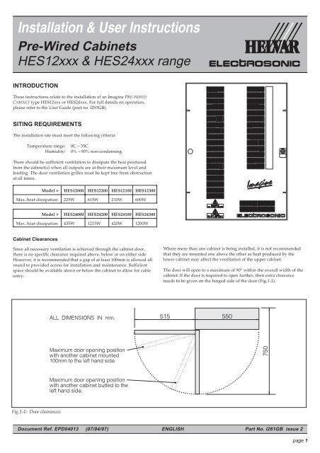 Installation & User Instructions Pre-Wired Cabinets - Helvar