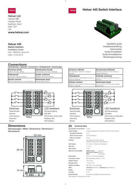 Helvar 445 Switch Interface Dimensions Connections