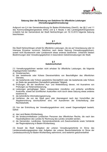 Verwaltungsgebührensatzung - Stadt Herbrechtingen