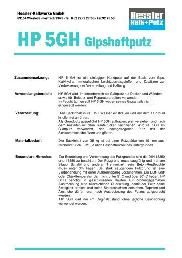 HP 5 GH Gips-Haftputz - Hessler Kalkwerke GmbH