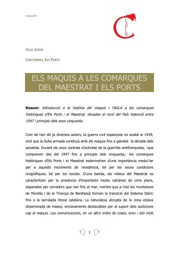 ELS MAQUIS A LES COMARQUES DEL MAESTRAT I ELS PORTS