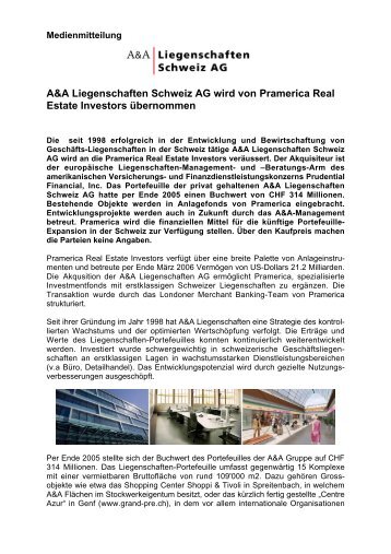 A&A Liegenschaften Schweiz AG wird von Pramerica Real Estate ...