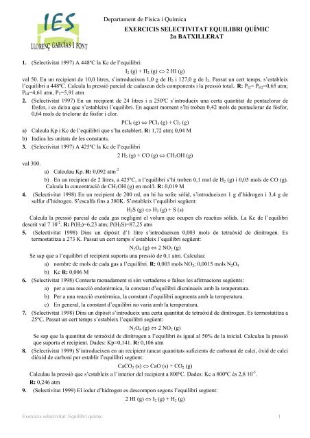 Exercicis selectivitat equilibri químic