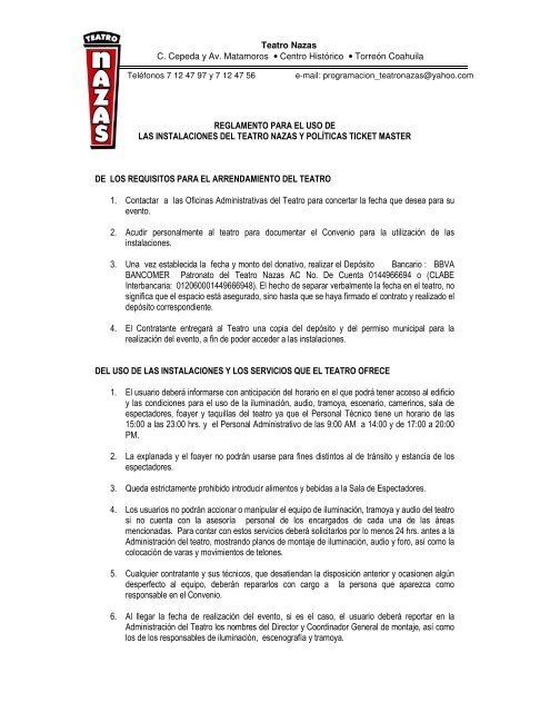 Reglamento Para El Uso De Las Instalaciones Del Teatro Nazas Y