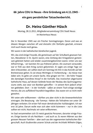 Vortrag von Dr. Heinz Günther Hüsch zu 66 Jahren CDU in Neuss