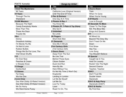 Songs By Artist Poets Karaoke