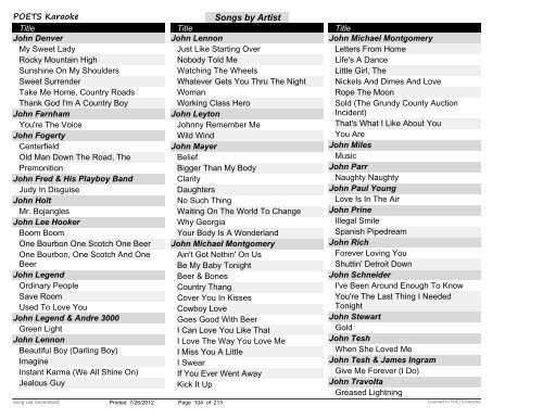 Songs by Artist - POETS Karaoke