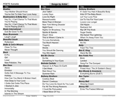 Songs by Artist - POETS Karaoke